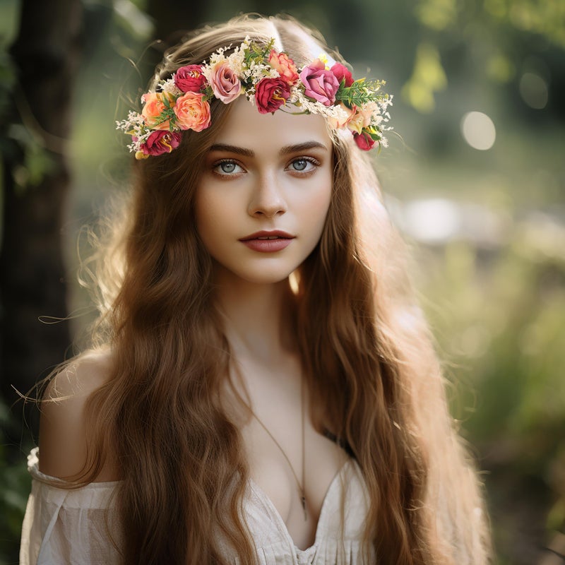 Vivivalue Rose Flower Crown Adjustable Flower Headband Hair Wreath Floral Headpiece Halo Boho with Ribbon Party Wedding - Image 4
